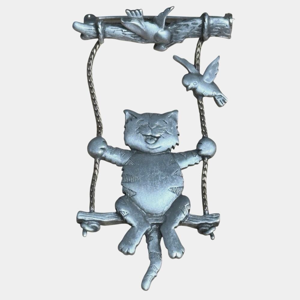 Vintage cat brooch birds tree swing Jonette JJ pewter whimsical 3” kitty pendant